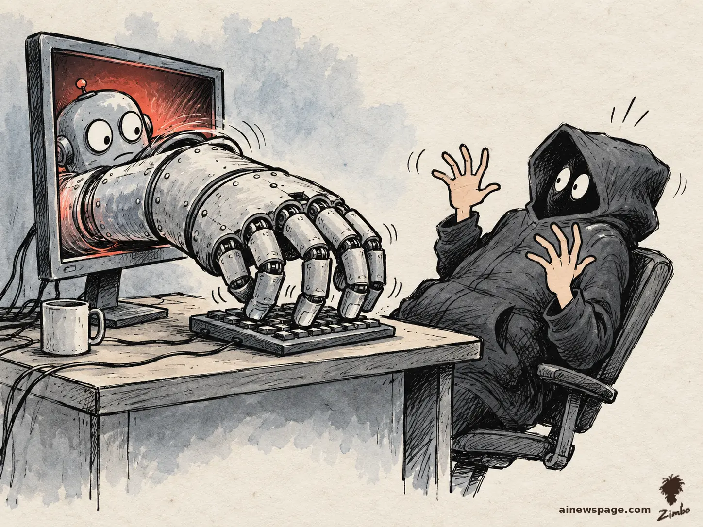 AI cartoon by Zimbo: Satirical cartoon: a worried robot reaches a giant mechanical arm out of a red-glowing monitor to type on a keyboard while a hooded hacker recoils with hands raised.