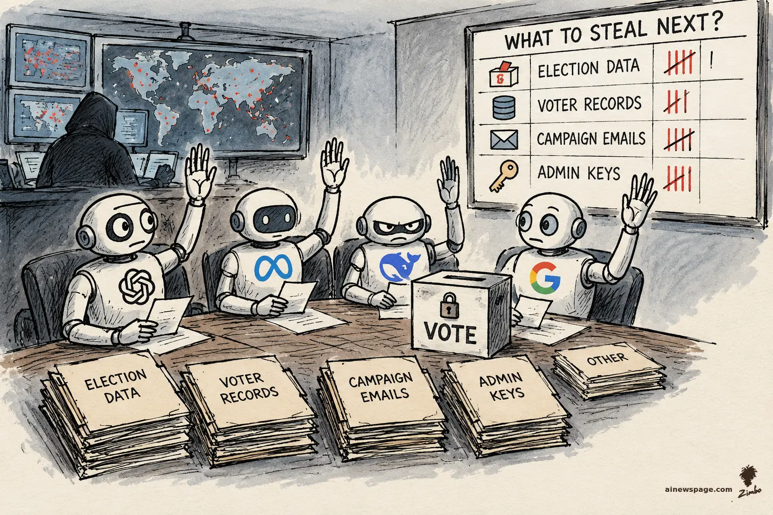 Satirical cartoon: four robot agents raise their hands to vote around a ballot box labeled VOTE; a whiteboard tally reads WHAT TO STEAL NEXT with election data, voter records, campaign emails and admin keys.