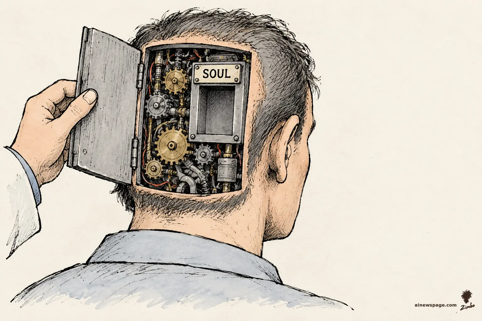 AI cartoon by Zimbo: Satirical cartoon: a hand opens the back of a human head like a machine panel, revealing tiny gears and an empty slot labeled SOUL.