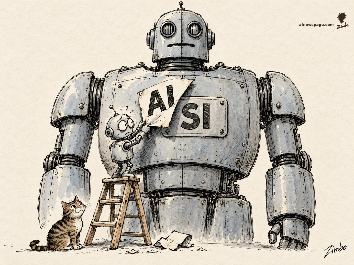 AI cartoon by Zimbo: Satirical cartoon: a small worried robot on a stepladder peels an 'AI' sticker off a giant retro robot's chest plate, revealing 'SI' underneath, as a tabby cat watches.