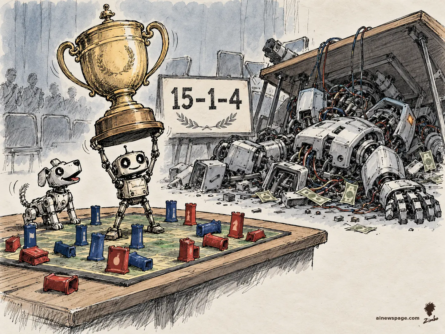 Satirical cartoon: a tiny scrappy robot hoists a giant gold trophy over a Stratego board marked 15-1-4 while the wrecked big-lab machine rig lies collapsed behind it, cash scattered; a robot dog cheers.