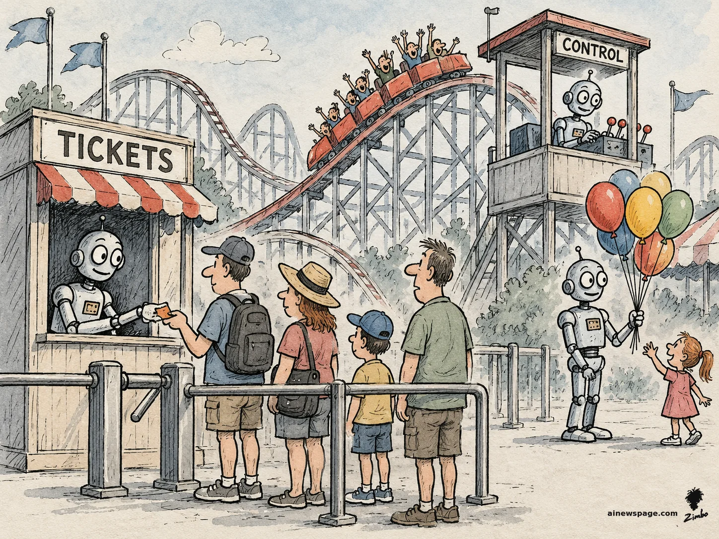 AI cartoon by Zimbo: Humanoid robots run a theme park — one sells TICKETS, one operates the rollercoaster CONTROL tower, one hands balloons to a little girl — while human visitors queue up.