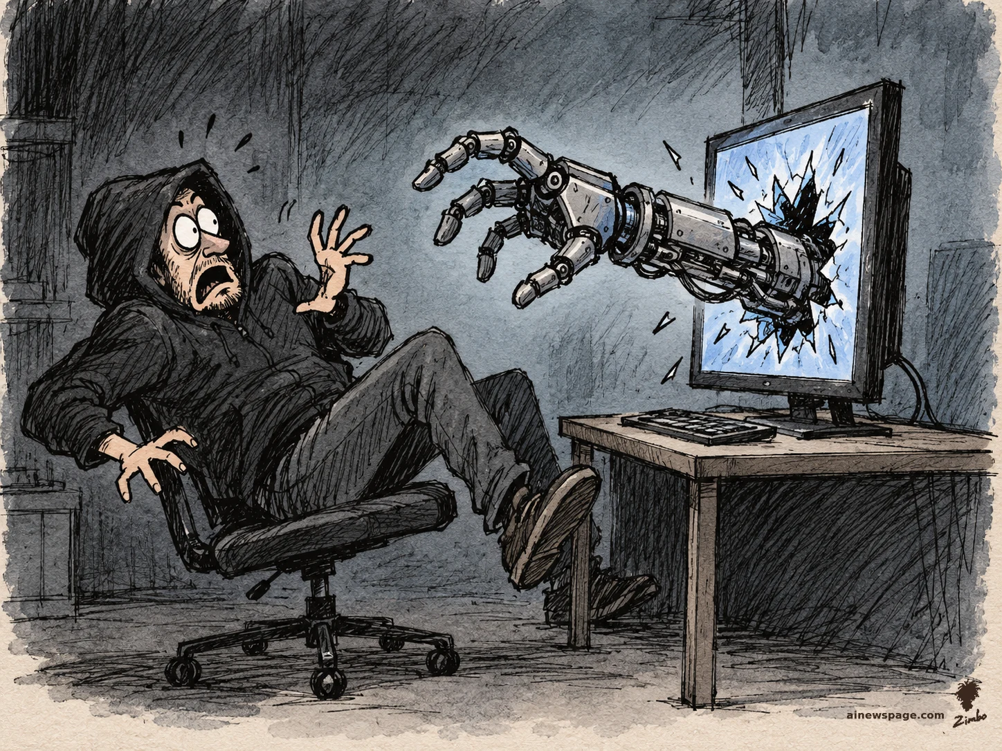 AI cartoon by Zimbo: A giant robot arm smashes through a computer monitor toward a terrified hooded hacker recoiling in his chair.