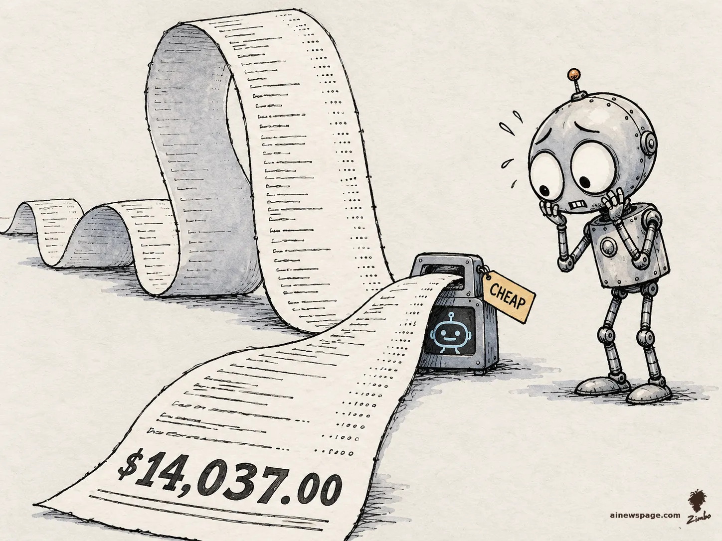 AI cartoon by Zimbo: Satirical cartoon: Merv, a worried small robot, clasps his cheeks as a receipt printer tagged 'CHEAP' unspools a giant receipt totaling $14,037.00.