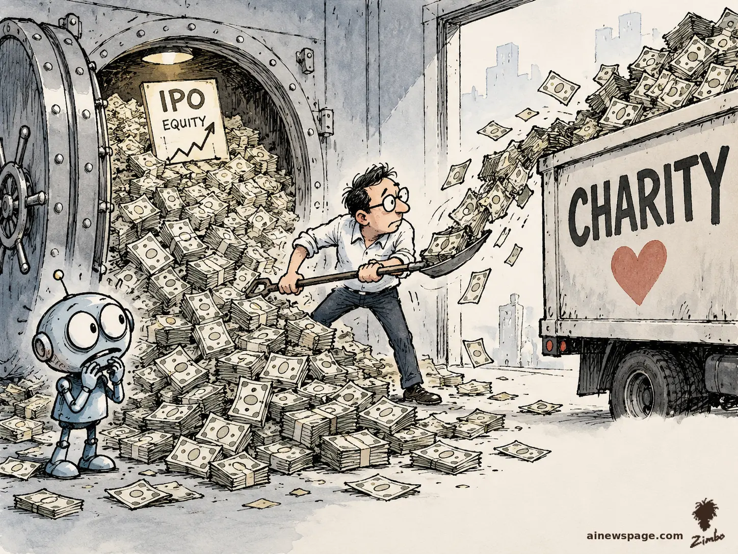 AI cartoon by Zimbo: Satirical cartoon: a tech CEO shovels cash from an IPO EQUITY vault into a CHARITY truck with a heart logo while Merv the anxious retro robot frets beside the money pile.