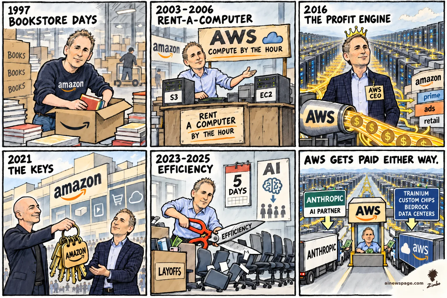 Jassy strip: 1997 packing books; 2003-2006 rent-by-the-hour AWS (S3/EC2); 2016 crowned AWS CEO, money flooding from data centers; 2021 Bezos hands him the keys; 2023-2025 efficiency scissors, layoffs box, RTO calendar; finale: AWS booth collecting cash. Kicker: AWS GETS PAID EITHER WAY.