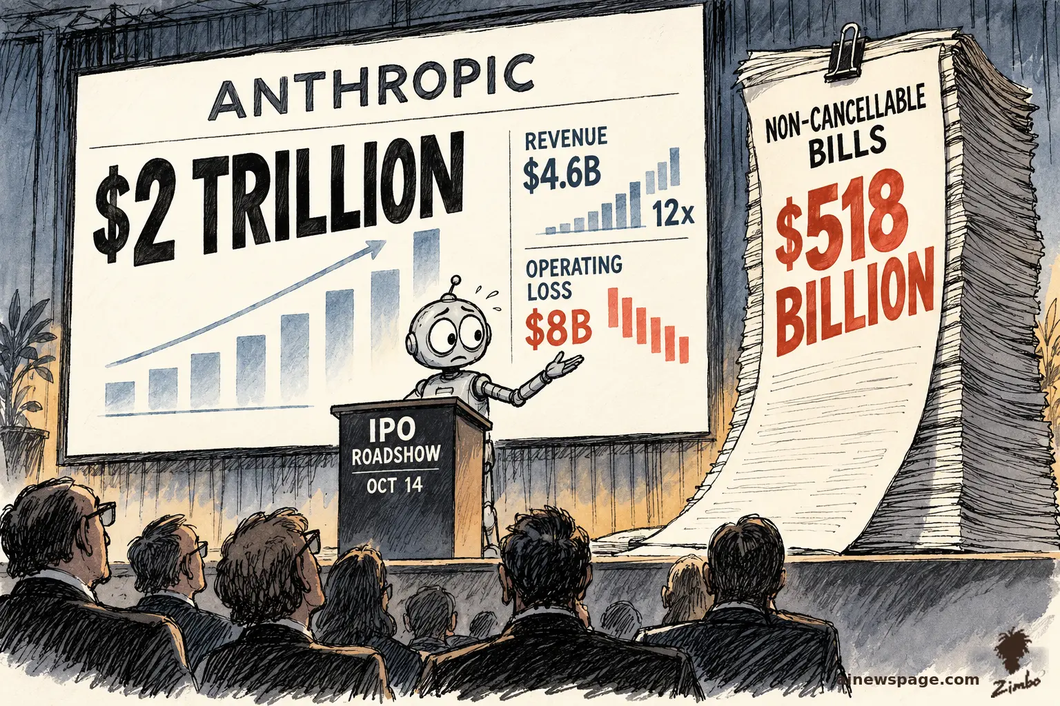 AI cartoon by Zimbo: Satirical cartoon: worried robot Merv presents an ANTHROPIC $2 TRILLION IPO ROADSHOW slide (revenue $4.6B up 12x, operating loss $8B) while a gigantic stack of NON-CANCELLABLE BILLS $518 BILLION towers over the stage.