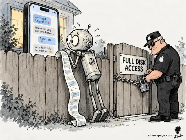 Satirical cartoon: an anxious robot peeks over a backyard fence at a giant phone full of private text messages, a long receipt of chat history unrolling from its hands, while an Apple-logo security guard chains and padlocks a wooden gate signed FULL DISK ACCESS.