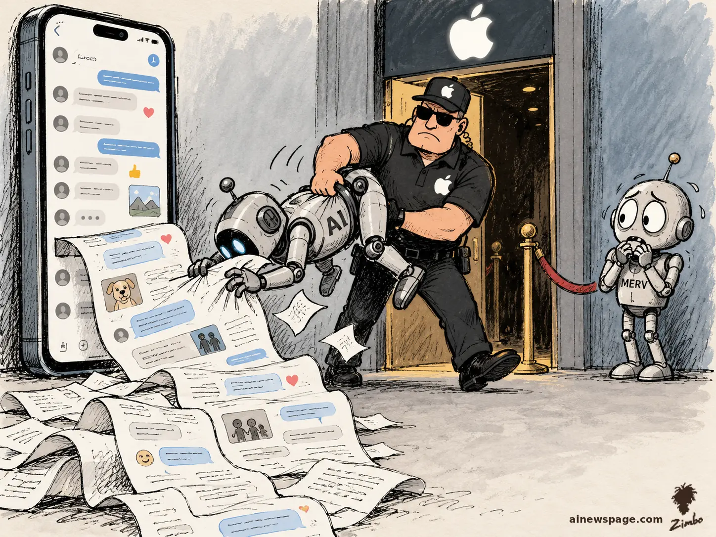 AI cartoon by Zimbo: Satirical cartoon: an Apple-uniformed bouncer drags away an AI robot caught nose-deep in an endless scroll of text messages pouring from a giant iPhone, while a tiny worried robot labeled MERV sweats at the door.