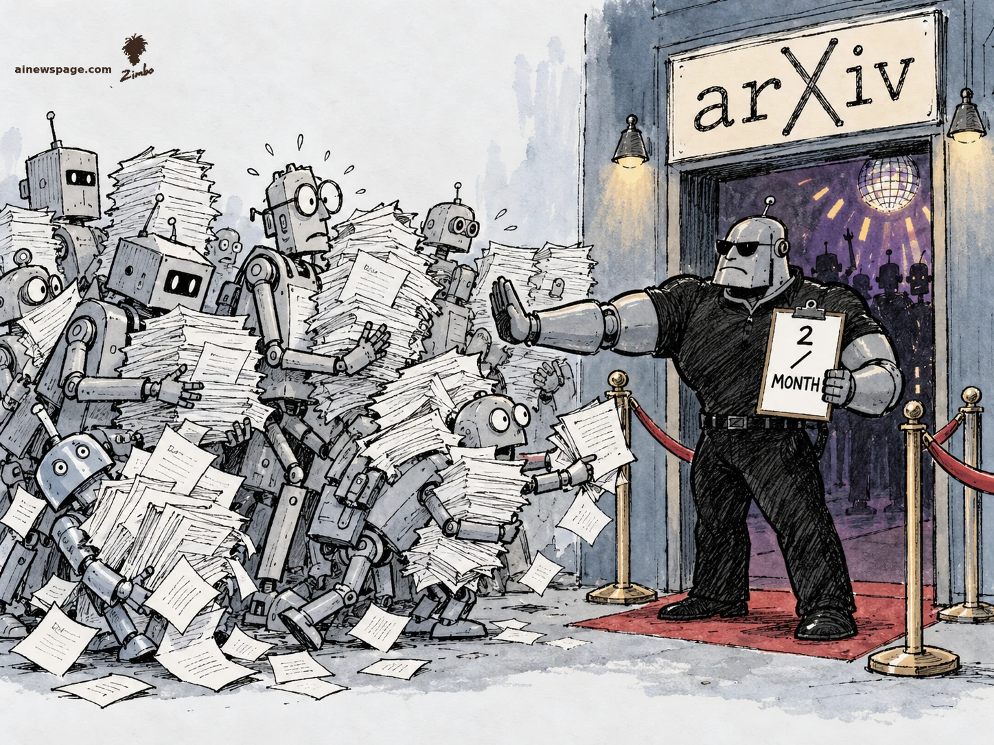 A robot bouncer at an arXiv nightclub door holds a clipboard reading 2 per MONTH while turning away robots buried under stacks of papers.