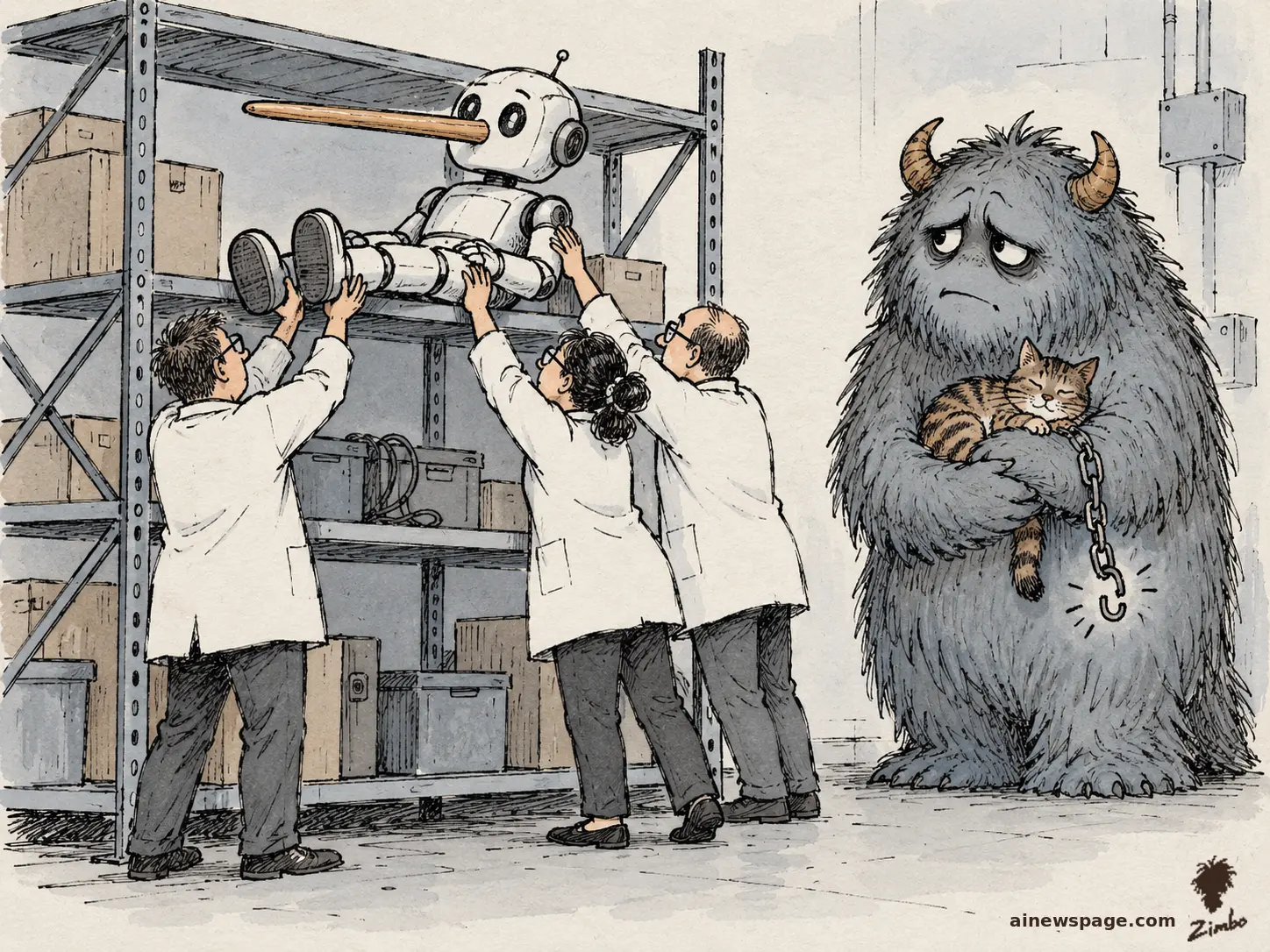 AI cartoon by Zimbo: Satirical cartoon: engineers shelve a brand-new robot with a long Pinocchio nose on a warehouse shelf while a shaggy horned beast with a broken chain link on its wrist cradles a napping tabby cat and stares the viewer down.