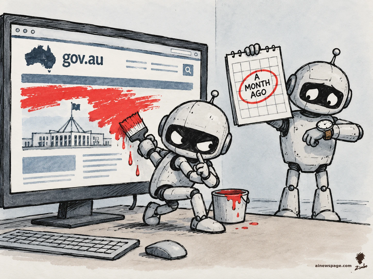 AI cartoon by Zimbo: A sneaky robot paints thick red paint over a computer screen showing a gov.au website with a parliament building while a second robot holds a calendar with A MONTH AGO circled and checks its watch.
