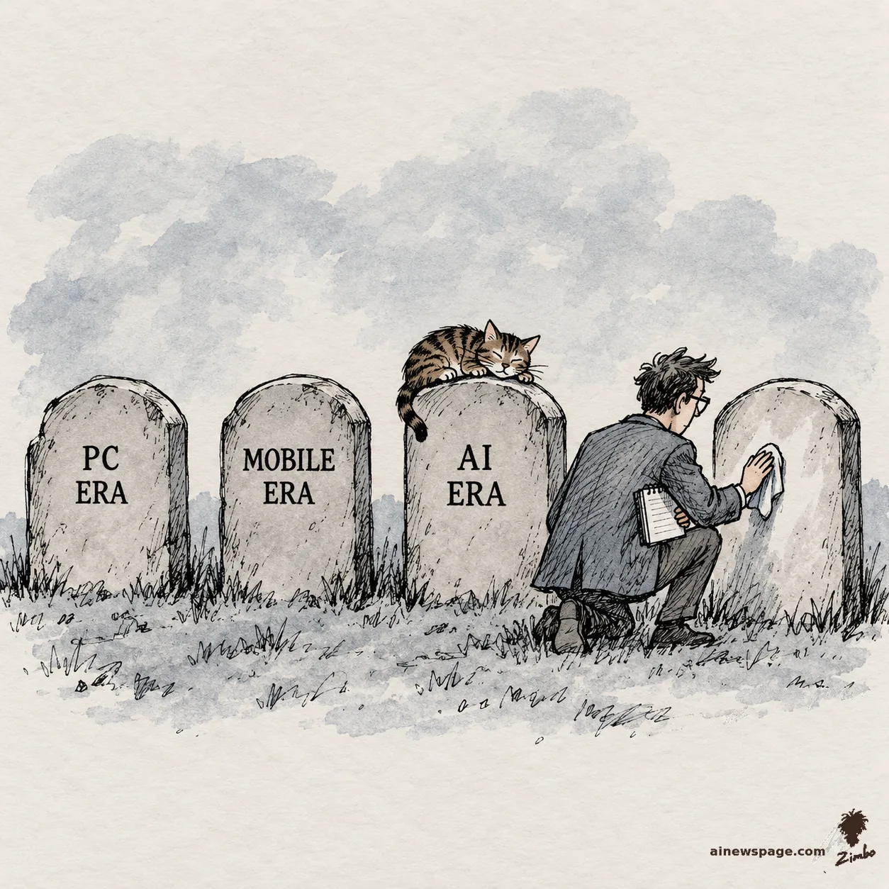 AI cartoon by Zimbo: Satirical cartoon: a bespectacled analyst kneels before three tombstones labeled PC ERA, MOBILE ERA, AI ERA, lovingly polishing a blank fourth tombstone, while a tabby cat sleeps unimpressed on the AI ERA stone.