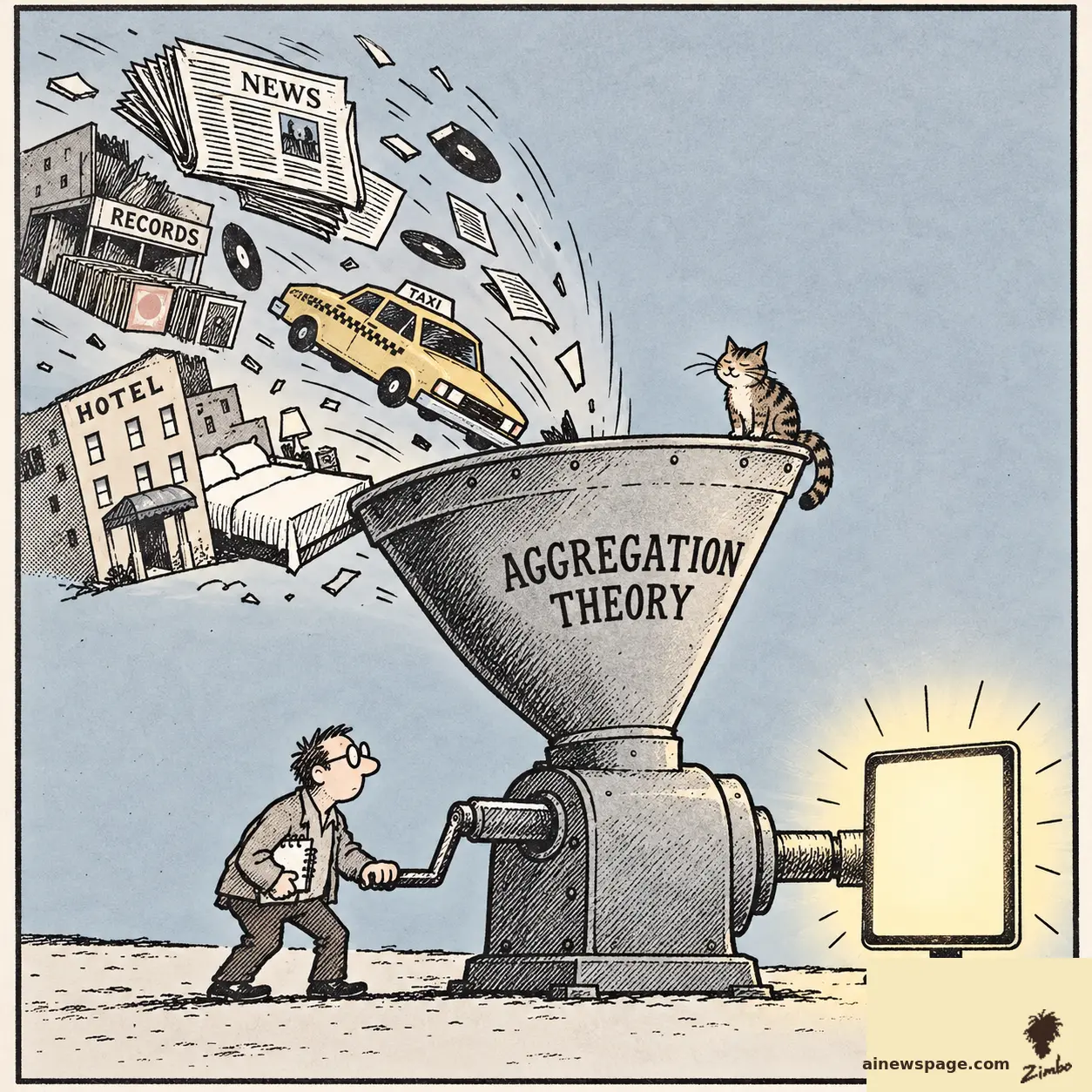 AI cartoon by Zimbo: Satirical cartoon: a notebook-carrying analyst hand-cranks a giant funnel labeled AGGREGATION THEORY, vacuuming up newspapers, a record store, a taxi and a hotel and spitting them out as one glowing screen, while a small tabby cat watches from the rim.