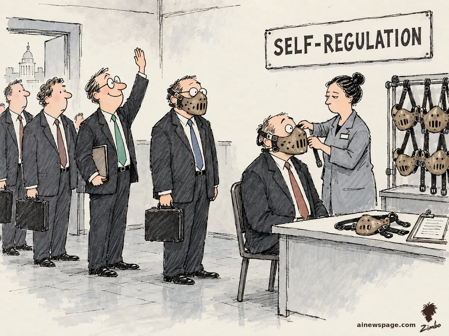 AI cartoon by Zimbo: Satirical cartoon: at a muzzle-fitting station under a SELF-REGULATION sign, an assistant fits Hannibal Lecter-style masks onto a line of eager suited AI executives, one raising his hand to volunteer.
