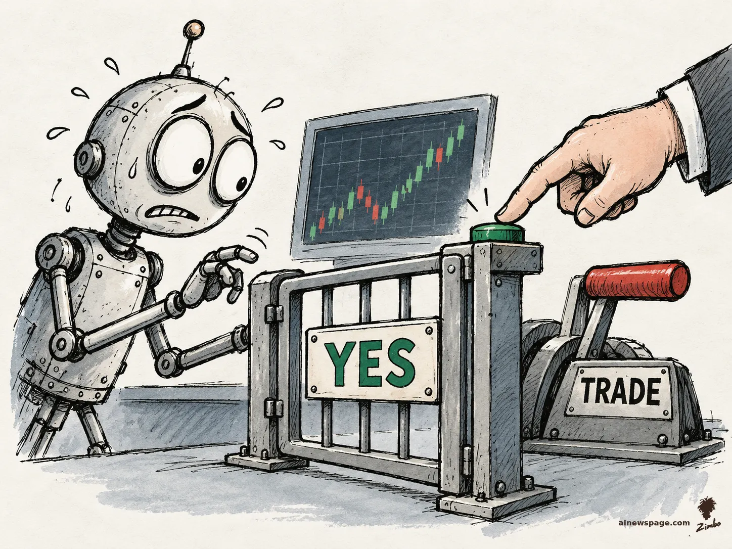 AI cartoon by Zimbo: A sweating, worried retro robot waits at a turnstile gate labeled YES while a giant human finger presses the green approval button; behind the gate, a candlestick chart screen and a TRADE lever machine with a red handle.