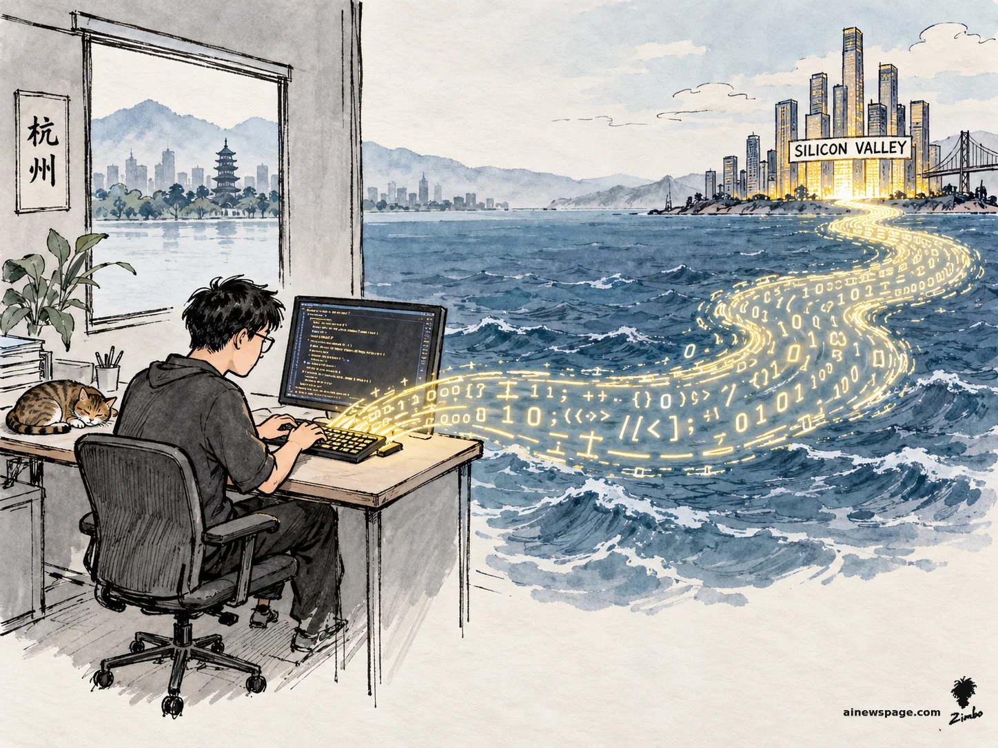 AI cartoon by Zimbo: Satirical cartoon: a lone engineer types at a plain desk in a Hangzhou office while a glowing golden river of code pours from his keyboard across the ocean and flows into the illuminated skyscraper towers of Silicon Valley; a tabby cat naps on the desk.