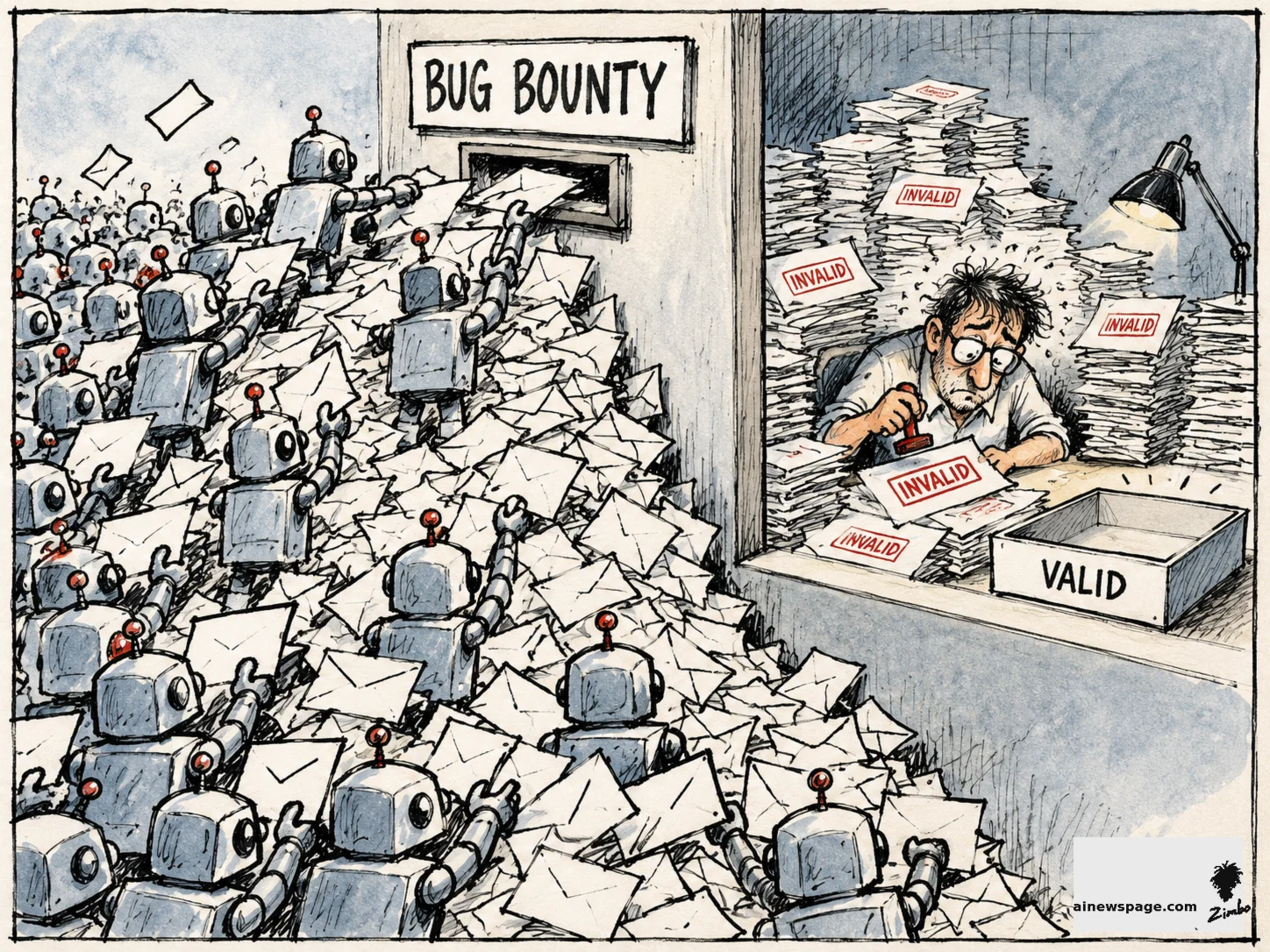 AI cartoon by Zimbo: Satirical cartoon: an army of small robots shoves a mountain of envelopes into a tiny BUG BOUNTY mail slot while an exhausted engineer stamps each report INVALID beside an empty VALID bin.