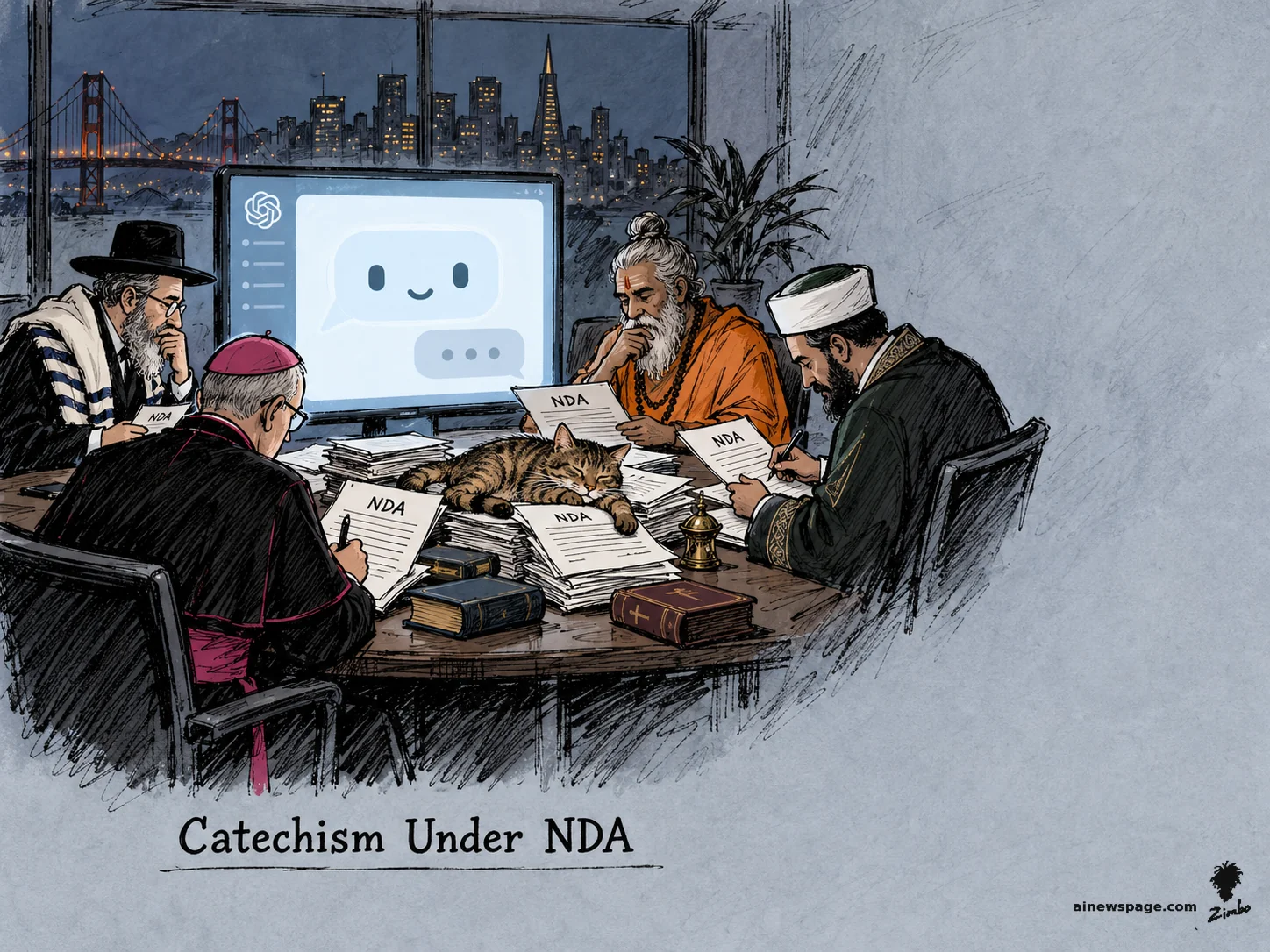 AI cartoon by Zimbo: Satirical cartoon: four robed religious scholars — a rabbi, a bishop, a Swami, an imam — solemnly sign NDA documents around a table with a glowing chat window while the cat Issue naps on the paperwork.