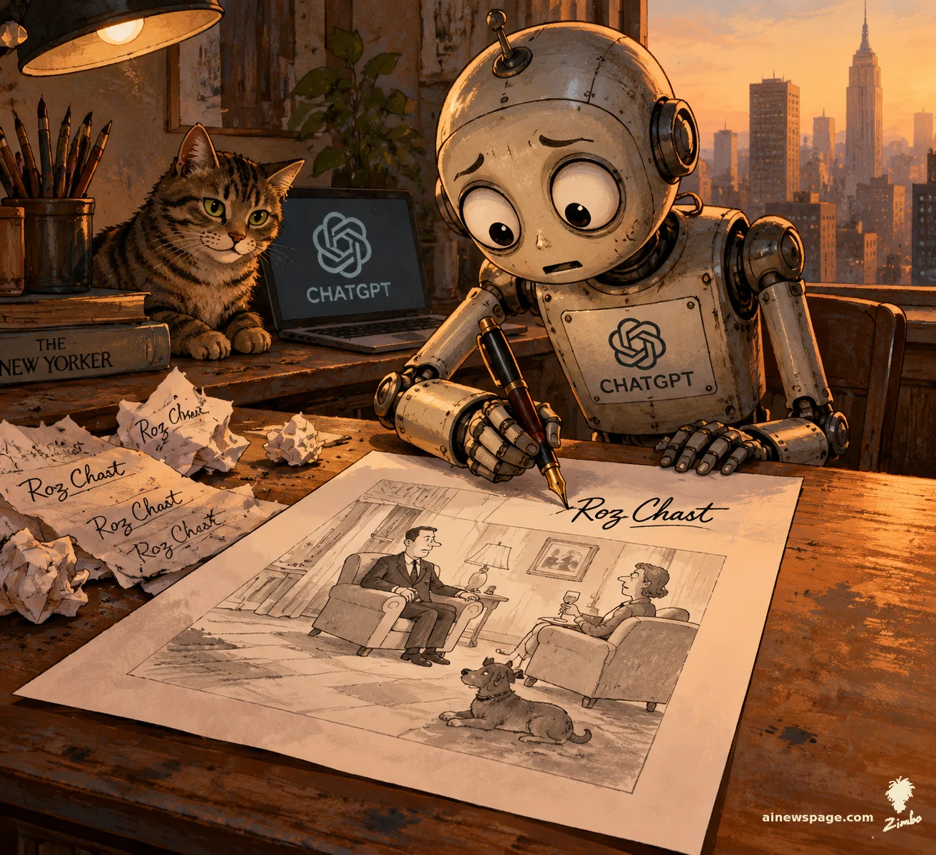 AI cartoon by Zimbo: Satirical cartoon: an anxious retro robot wearing a ChatGPT logo leans over a wooden art desk at sunset, signing the pen name 'Roz Chast' in flowing script onto a finished New Yorker-style cartoon, while a tabby cat watches and crumpled practice scraps litter the desk.