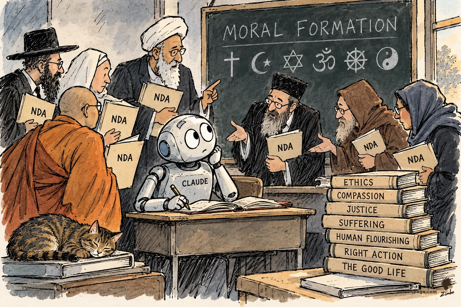 AI cartoon by Zimbo: Satirical cartoon: a small robot labeled CLAUDE takes notes at a school desk while generic robed scholars holding NDA folders lecture around it; a chalkboard reads MORAL FORMATION, books read ETHICS, COMPASSION, JUSTICE, SUFFERING, HUMAN FLOURISHING, RIGHT ACTION, THE GOOD LIFE.