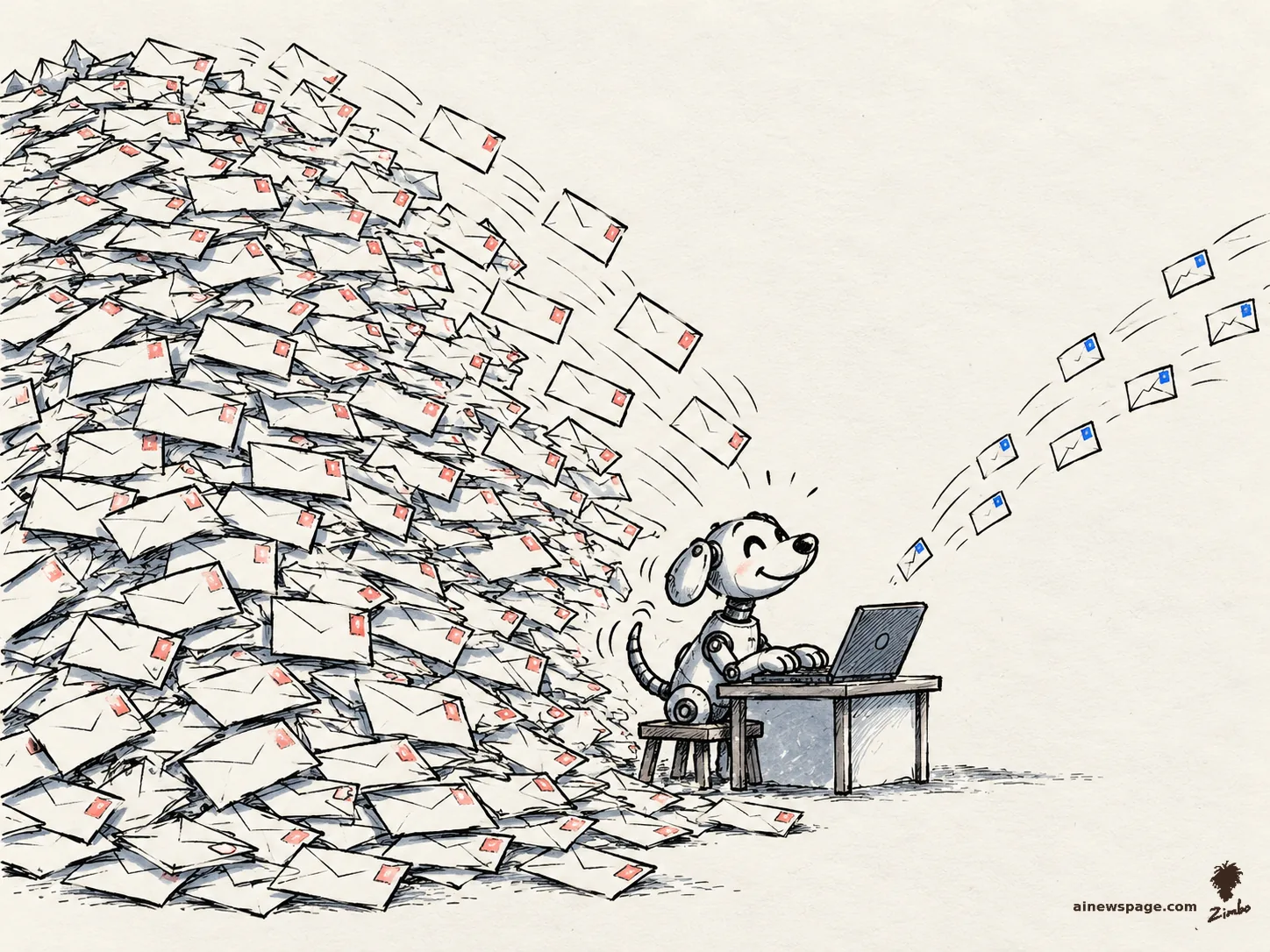 AI cartoon by Zimbo: Satirical cartoon: Buddy the cheerful retro robot dog sits at a tiny desk typing under a mountain of thousands of outgoing cold-email envelopes, while a handful of tiny reply letters fly back toward him.