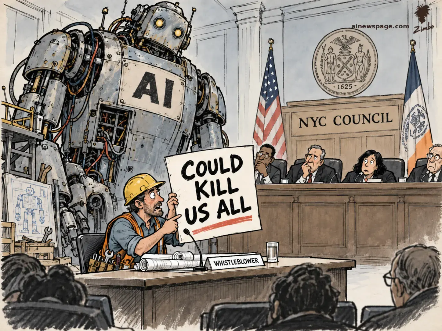 AI cartoon by Zimbo: Satirical cartoon: a hard-hatted builder at a WHISTLEBLOWER witness table holds up a COULD KILL US ALL sign while pointing at the towering AI robot he built, as alarmed NYC Council members look on.