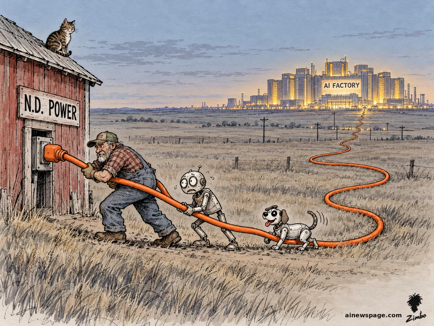 AI cartoon by Zimbo: Satirical cartoon: a North Dakota farmer yanks a giant orange extension cord from his little barn signed N.D. POWER, while an anxious robot and a robot dog help haul it across the prairie and plug it straight into a towering glowing AI FACTORY on the horizon. A tabby cat watches from the barn roof.
