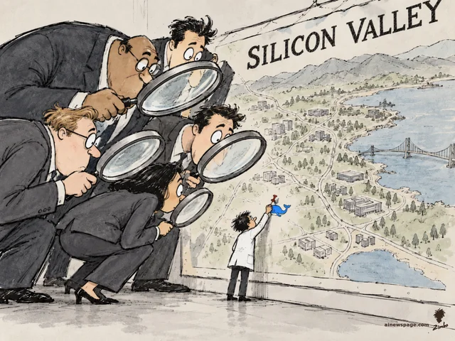 A small researcher pins a tiny blue whale onto a giant wall map labeled SILICON VALLEY while four giant tech executives peer at it through magnifying glasses.
