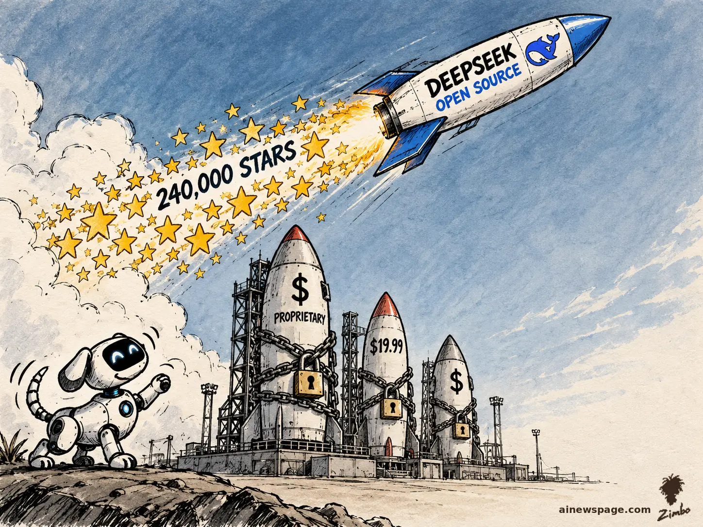 Satirical cartoon: a DEEPSEEK OPEN SOURCE rocket blasts skyward trailing a comet-tail of 240,000 stars, while chained, padlocked PROPRIETARY and $19.99 rockets sit idle on the launch pad; a small robot dog cheers below.