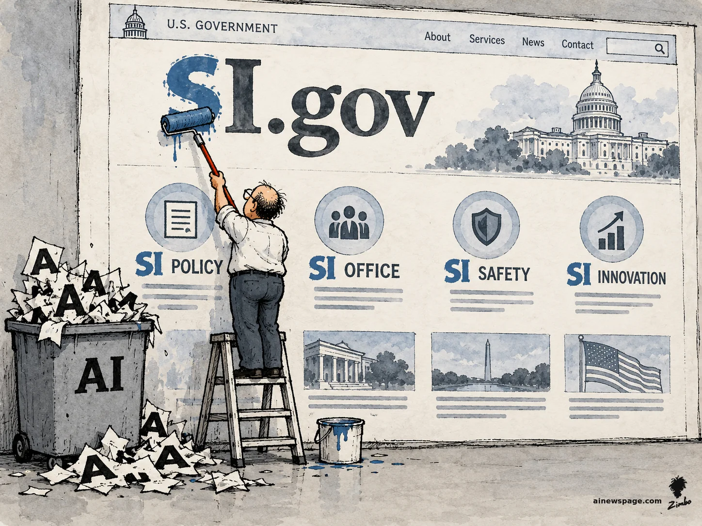 AI cartoon by Zimbo: A government clerk on a stepladder paints SI over AI on a giant U.S. government homepage, turning AI.gov into SI.gov; a trash bin labeled AI overflows with discarded A letters.