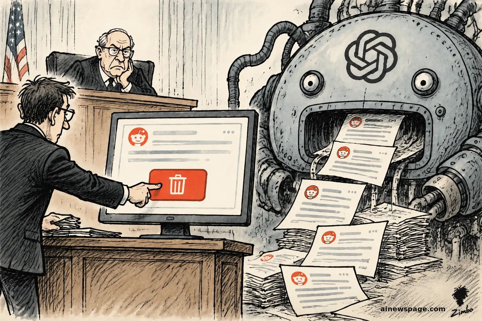 AI cartoon by Zimbo: Satirical cartoon: in a courtroom, a lawyer presses a giant red DELETE button on a screen showing a Reddit post while a giant machine bearing the OpenAI knot logo spews endless paper copies of the very post being deleted.