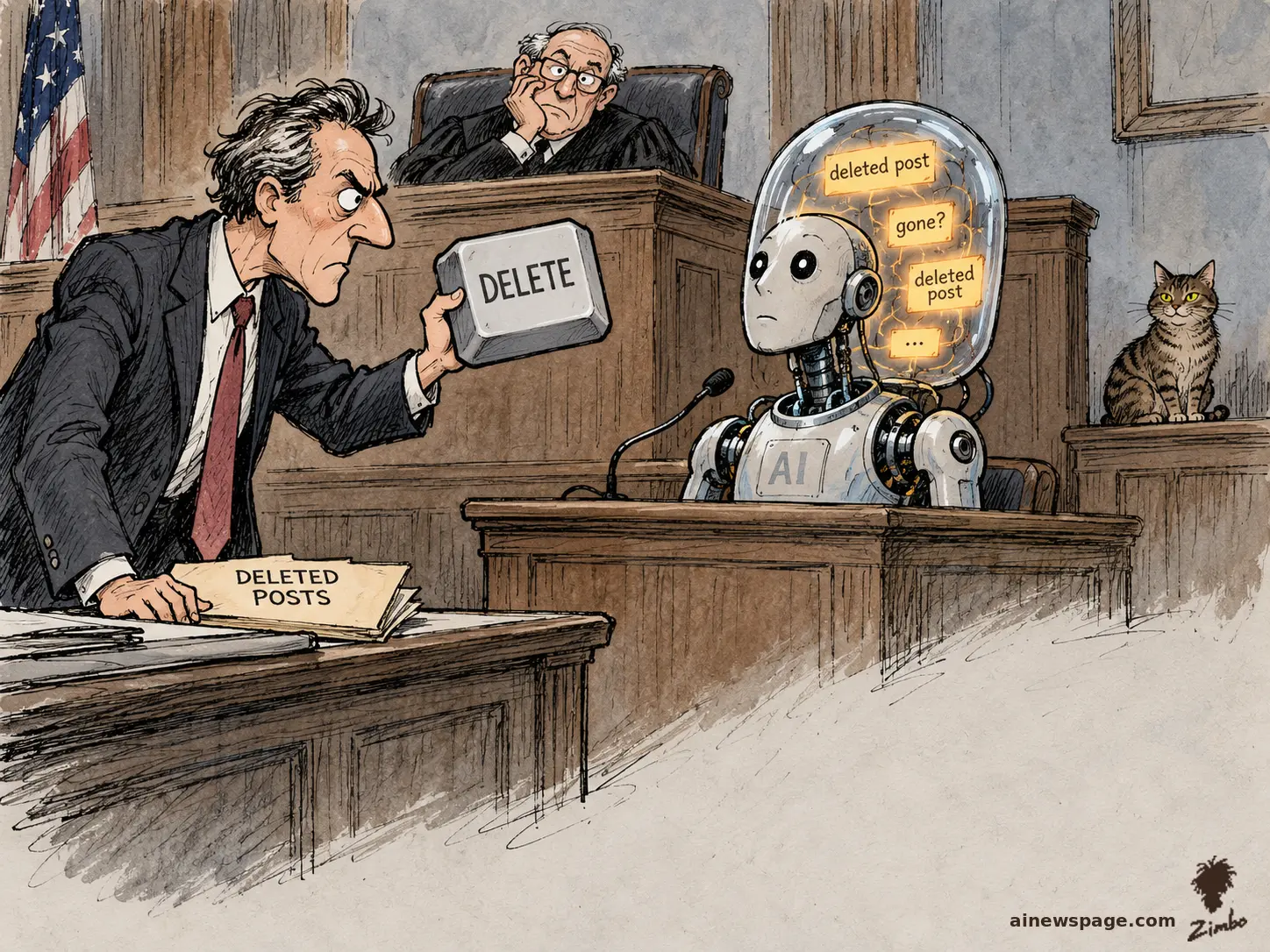 AI cartoon by Zimbo: Satirical cartoon: in a courtroom, a lawyer holds up a giant DELETE key over a DELETED POSTS folder while a robot witness with a transparent dome head still glows with the words 'deleted post' and 'gone?'; a tabby cat watches from the jury box.