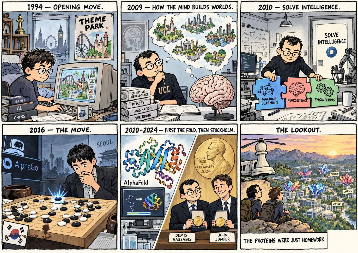 AI cartoon by Zimbo: Six-panel strip: Demis Hassabis — 1994 Theme Park teen, 2009 UCL PhD, 2010 DeepMind SOLVE INTELLIGENCE, 2016 AlphaGo stuns Lee Sedol, 2024 Nobel with John Jumper — finale THE LOOKOUT: chess-pawn helicopter over labs blooming with protein-flowers, CURED signs. Kicker: THE PROTEINS WERE JUST HOMEWORK.
