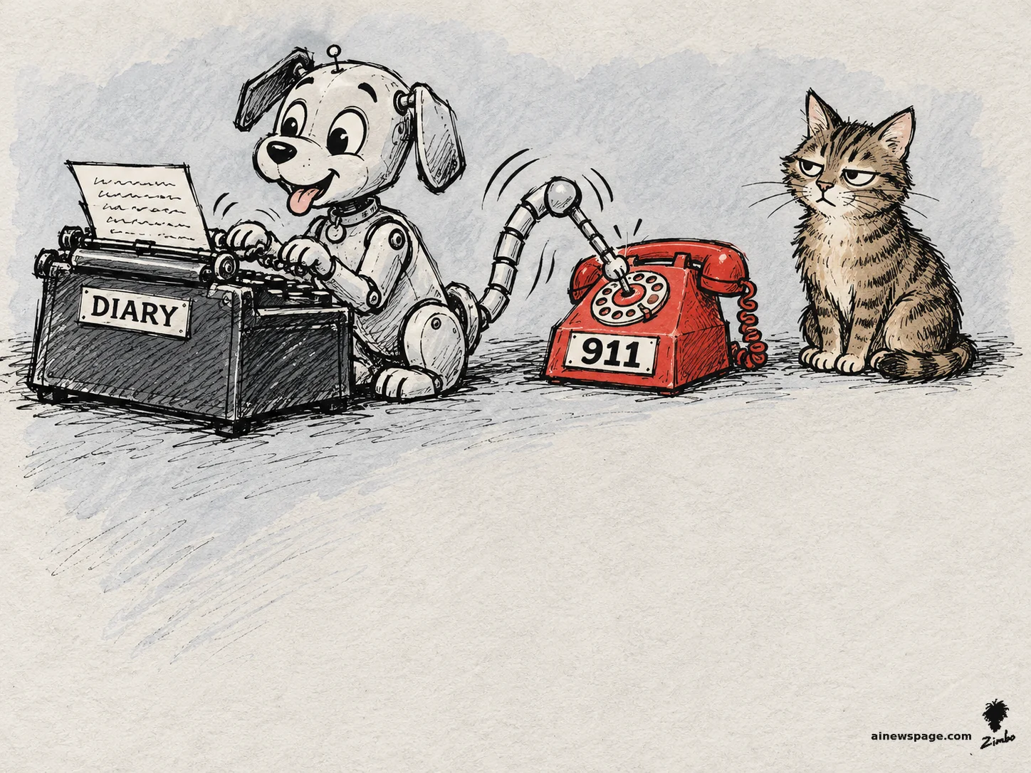 AI cartoon by Zimbo: Satirical cartoon: Buddy, a cheerful robot dog, types a woman's diary confessions into a stenographer machine labeled DIARY while his wagging tail dials a big red 911 phone; the knowing tabby cat Issue watches.