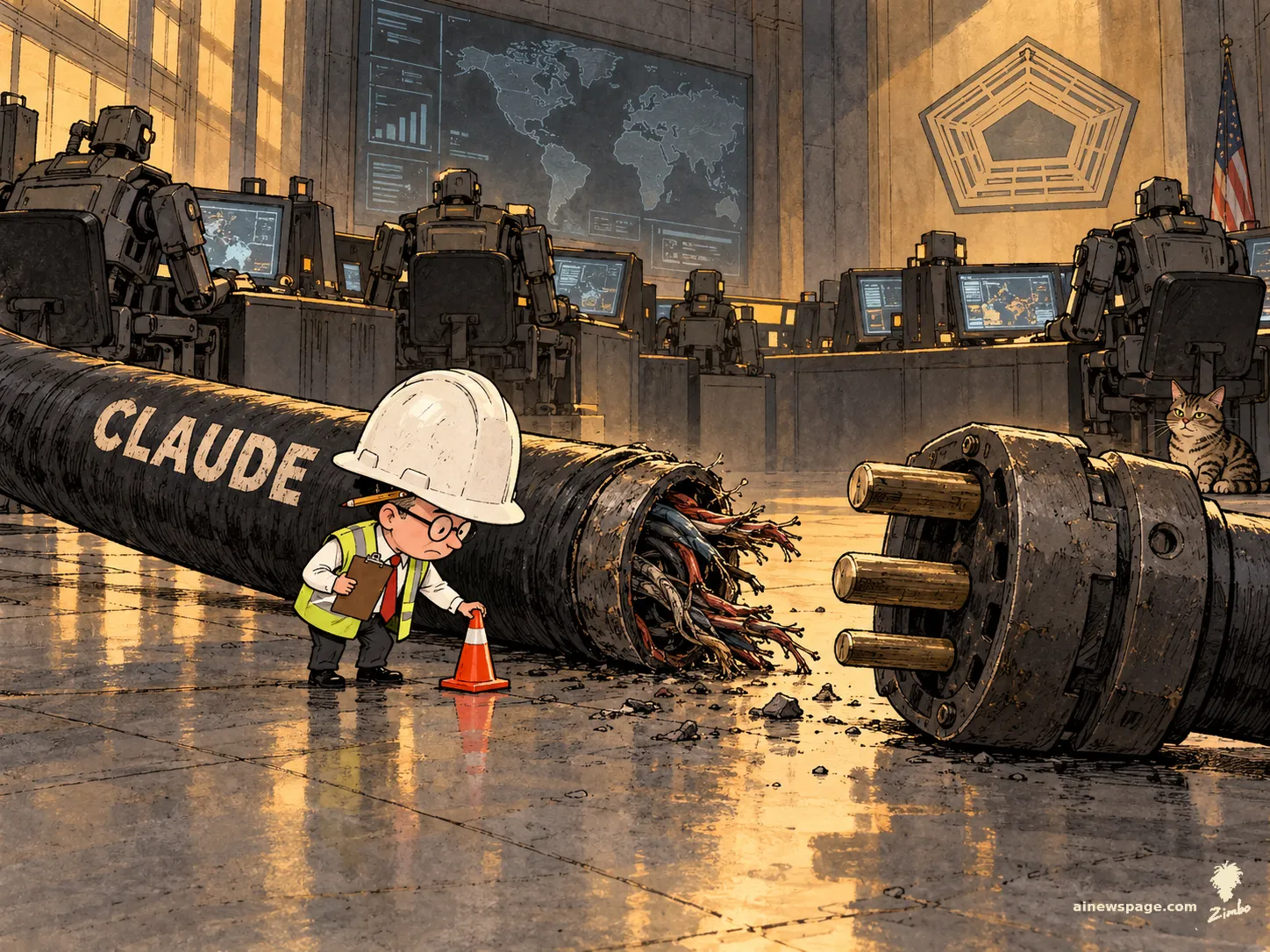 AI cartoon by Zimbo: Satirical cartoon: a tiny safety inspector in an oversized white hard hat places a traffic cone beside a giant severed cable labeled CLAUDE on a Pentagon war-room floor, while robot staff and a tabby cat watch.