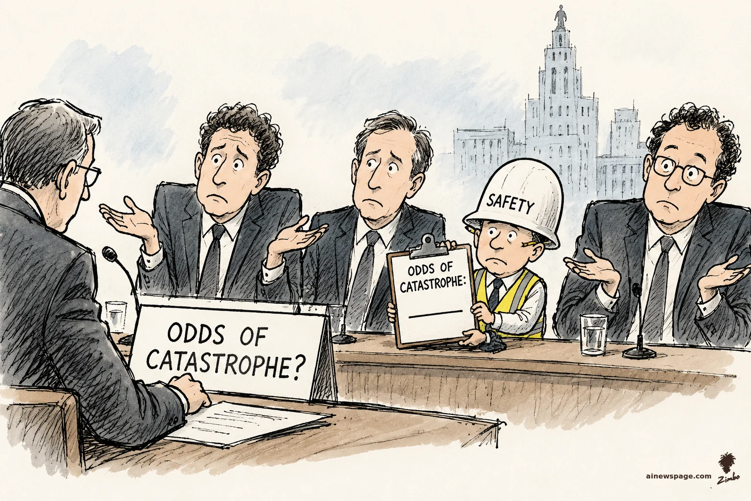 AI cartoon by Zimbo: Satirical cartoon: a questioner holds a placard reading ODDS OF CATASTROPHE? while three suited AI executives shrug, and a tiny hard-hatted SAFETY Guy gravely presents a clipboard reading ODDS OF CATASTROPHE: with the line left blank.