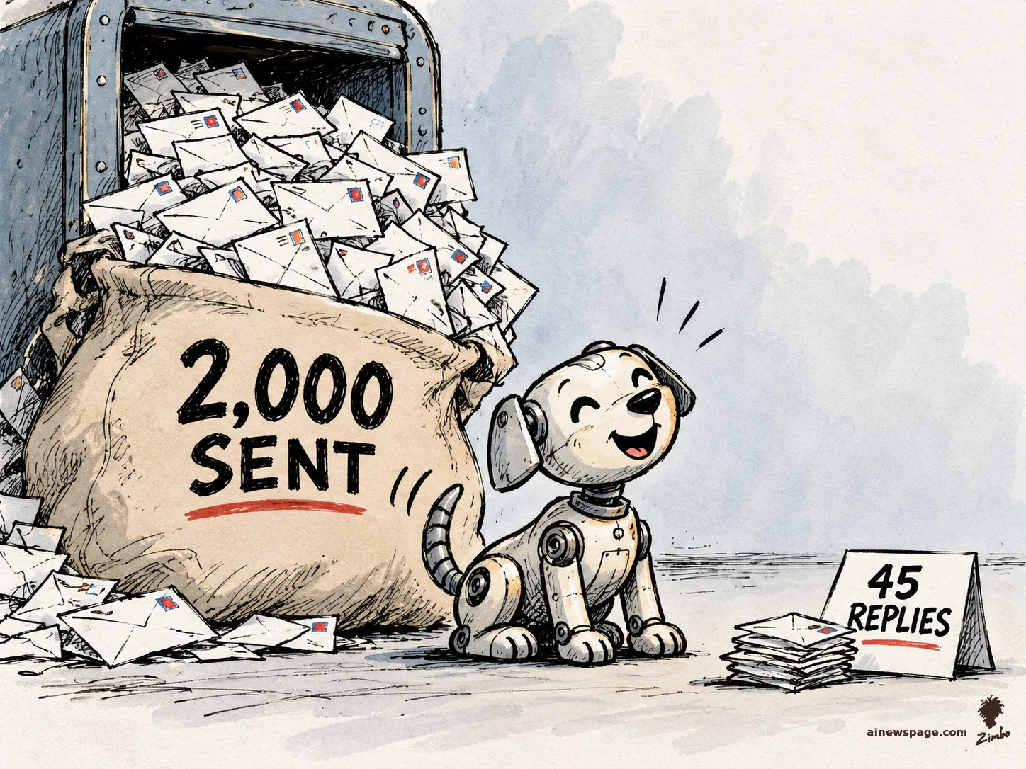 AI cartoon by Zimbo: Satirical cartoon: Buddy the robot dog grins beside a giant mail sack labeled '2,000 SENT' overflowing with letters, while a tiny '45 REPLIES' tent sign leans against a small pile of replies.