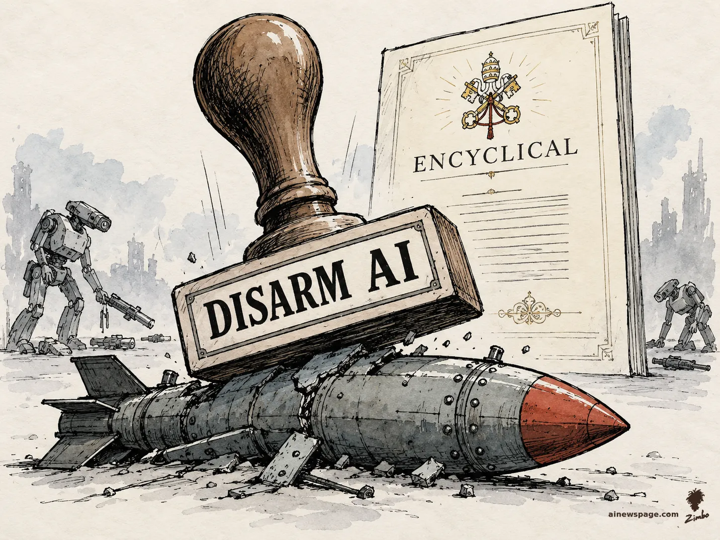 AI cartoon by Zimbo: A giant rubber stamp marked DISARM AI crushes a war missile; behind it towers a document labeled ENCYCLICAL bearing a papal-keys emblem, while war robots in the background lay down their weapons. No person depicted.