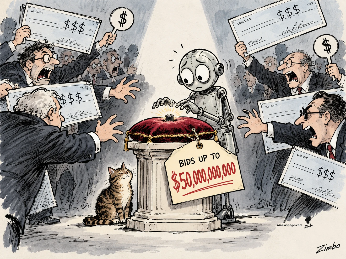 AI cartoon by Zimbo: Satirical cartoon: a worried retro robot presents a tiny glowing microchip on a red velvet cushion atop a pedestal tagged 'BIDS UP TO $50,000,000,000', while suited investors shove forward waving '$$$' checks and '$' auction paddles; a tabby cat sits silently at the pedestal's base.