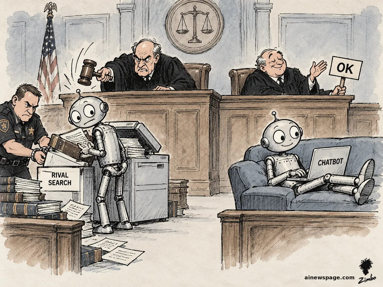 Satirical cartoon: in a split courtroom, a stern judge gavels a robot feeding law books through a photocopier into a RIVAL SEARCH box while a bailiff handcuffs it — while a smiling judge waves OK at the same robot lounging on a couch with a CHATBOT laptop.