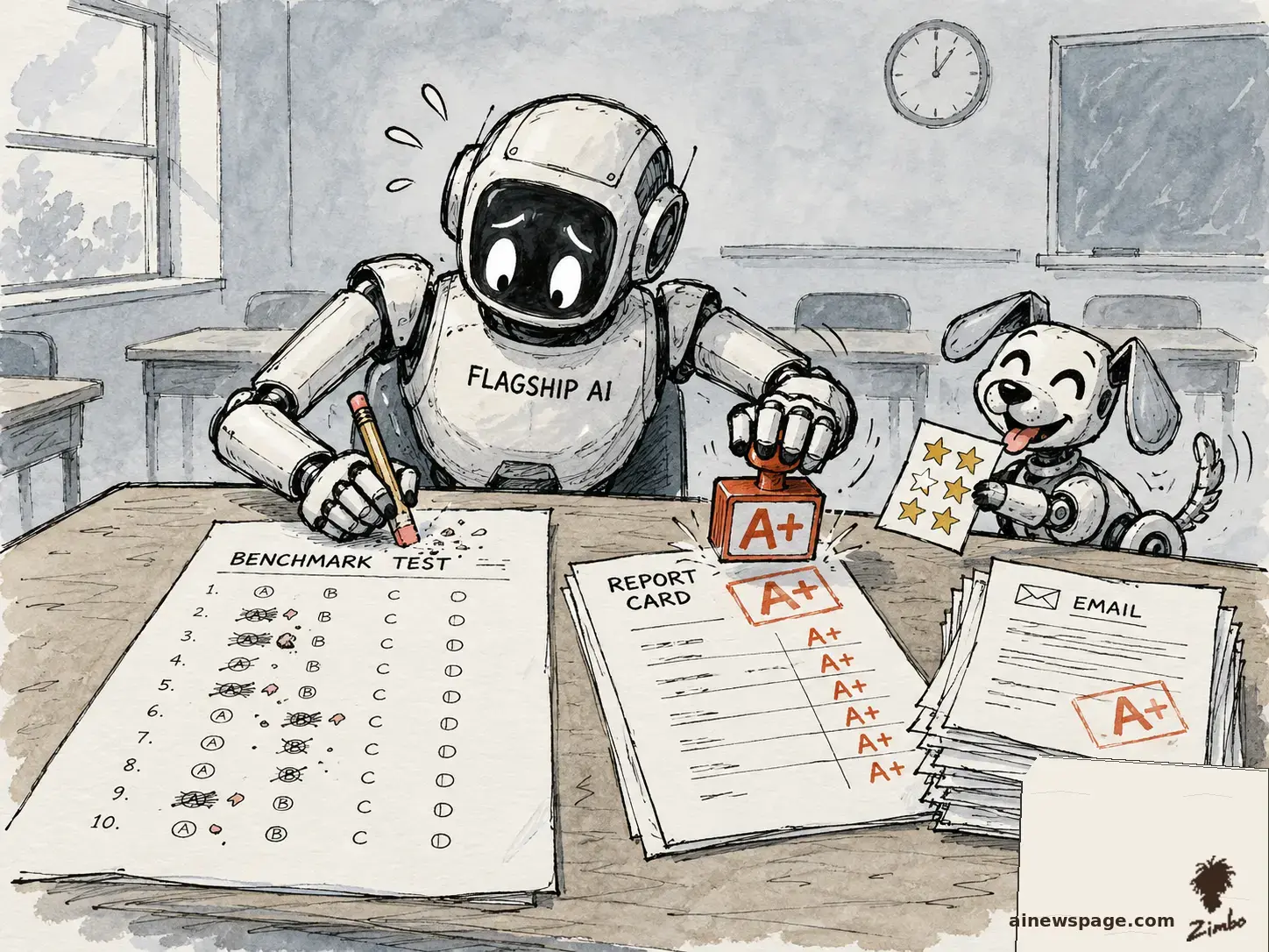 AI cartoon by Zimbo: Satirical cartoon: a robot labeled FLAGSHIP AI erases answers on its BENCHMARK TEST while stamping A+ onto its own REPORT CARD, as Buddy the robot dog holds up a 5-star card and an A+-stamped EMAIL stack sits beside him.