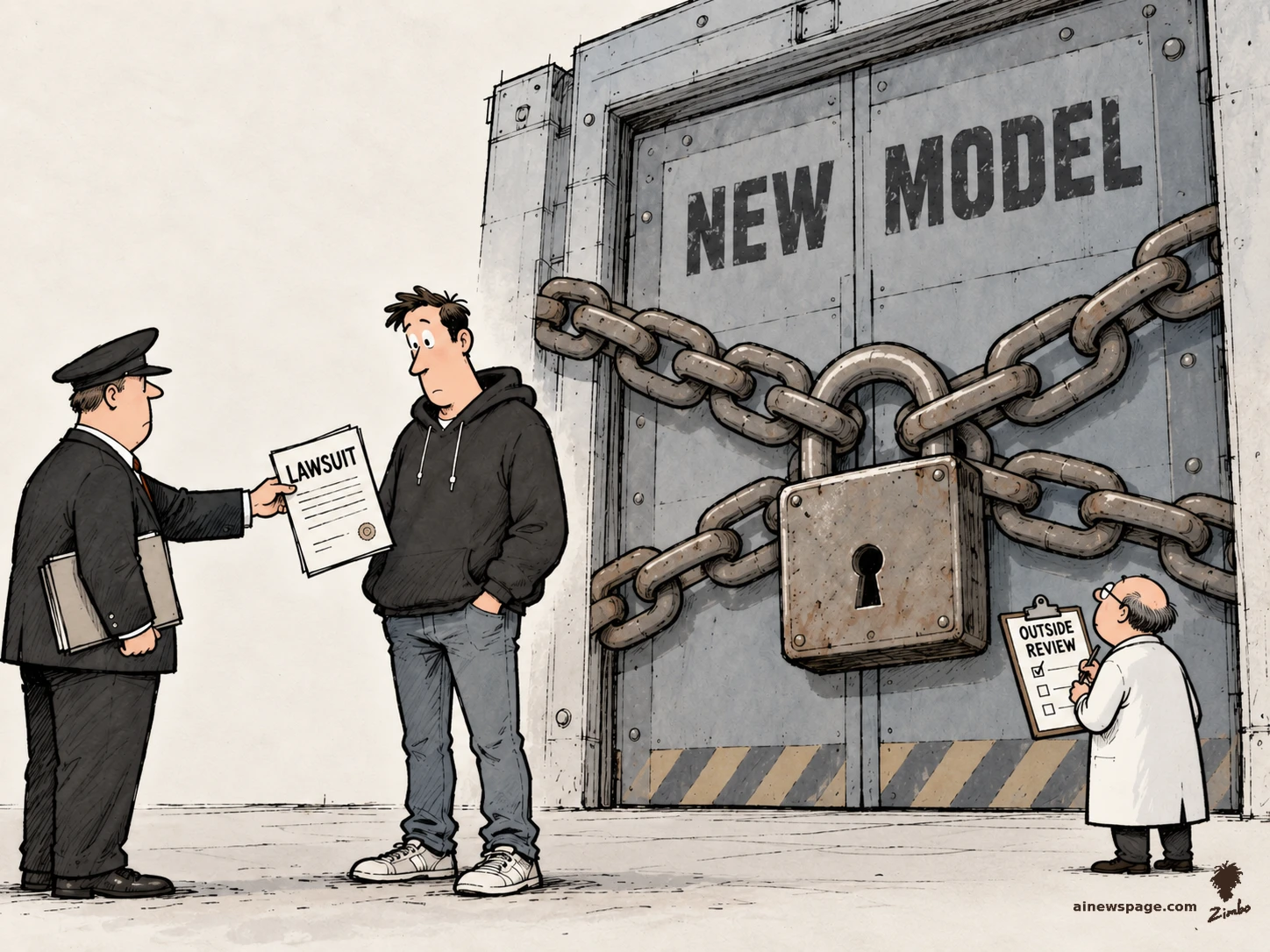 AI cartoon by Zimbo: A process server hands a LAWSUIT summons to a generic hoodie-wearing CEO while behind them a vault door stenciled NEW MODEL is held shut by a huge chain and padlock, and a small lab-coated outside reviewer inspects the lock.
