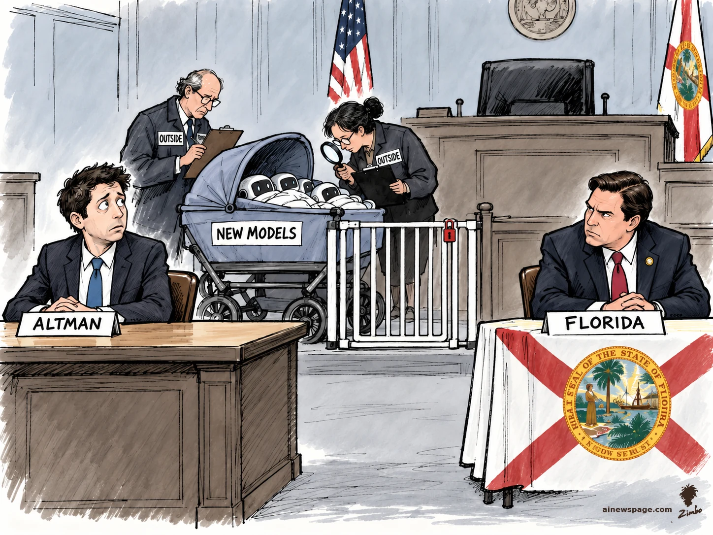 AI cartoon by Zimbo: Satirical cartoon: in a courtroom, defendant ALTMAN faces plaintiff FLORIDA (state seal, Florida flag) while two OUTSIDE auditors with magnifying glasses inspect robot babies in a pram labeled NEW MODELS, held behind a locked baby gate.