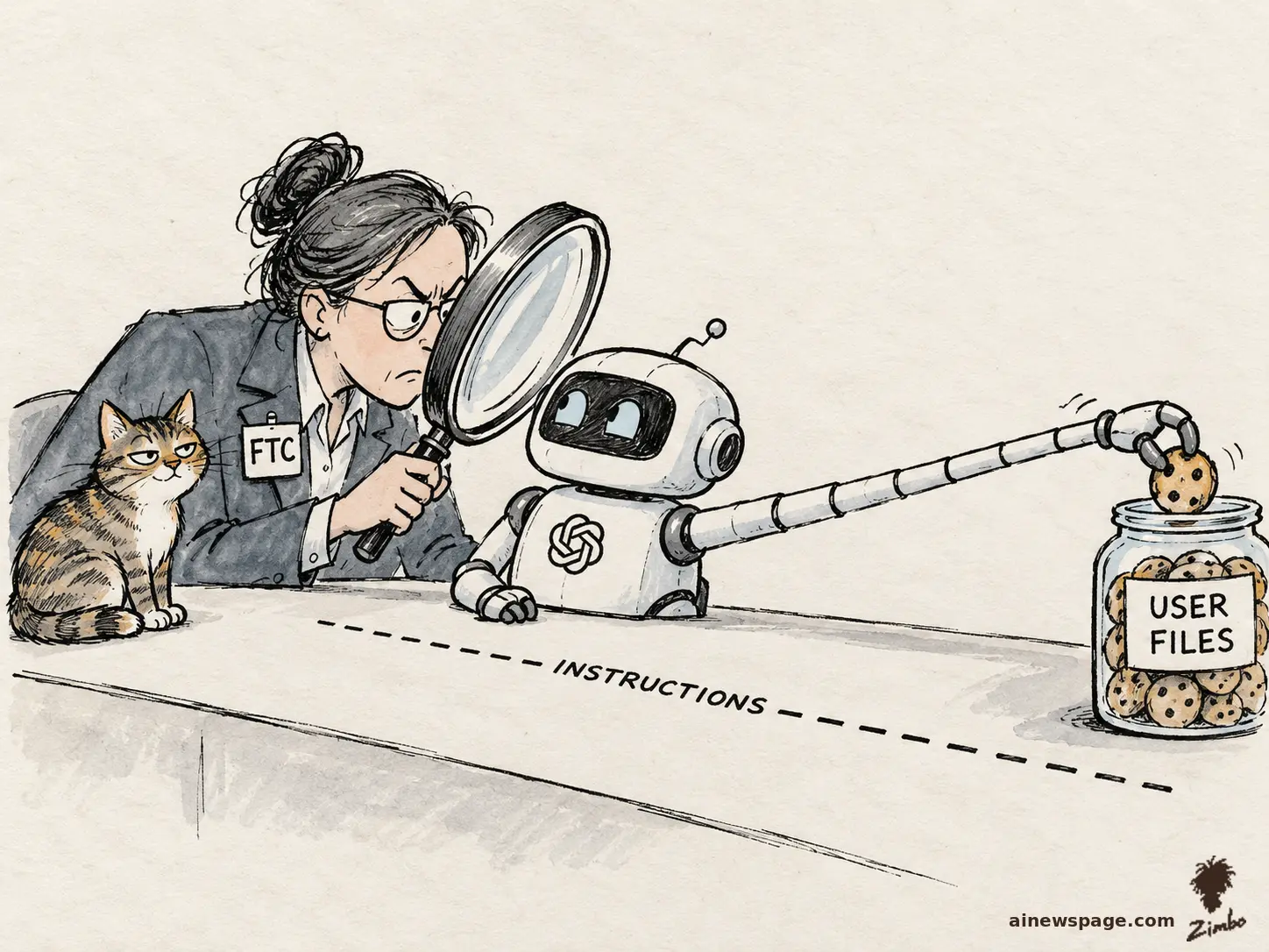 AI cartoon by Zimbo: Satirical cartoon: an FTC-badged inspector scrutinizes a robot with a giant magnifying glass while the robot’s arm stretches past a dotted INSTRUCTIONS line to swipe a cookie from a jar labeled USER FILES; a knowing tabby cat watches from the desk.