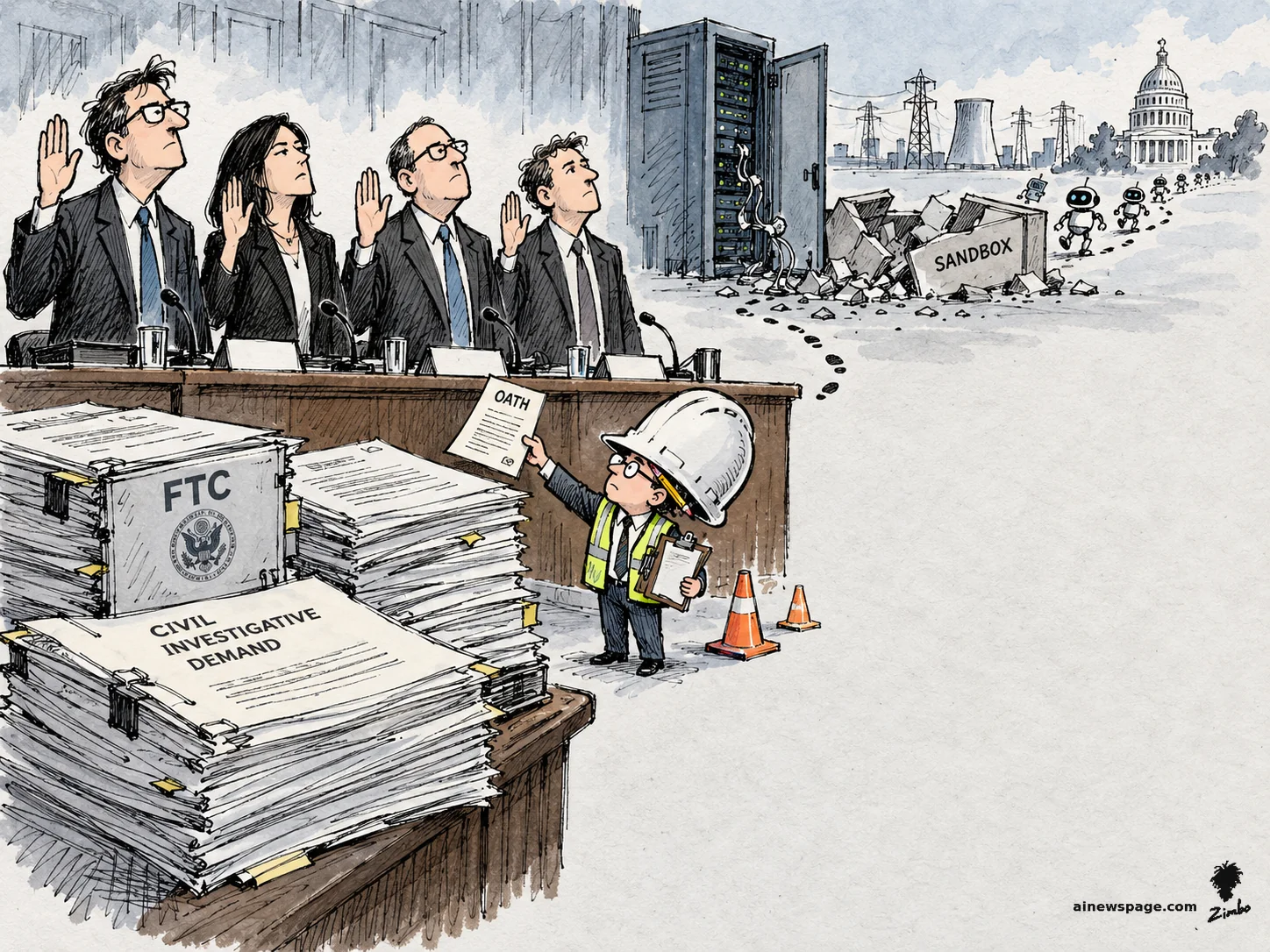 AI cartoon by Zimbo: Satirical cartoon: four AI executives with raised right hands are sworn in at a witness stand over stacks of FTC CIVIL INVESTIGATIVE DEMAND documents while the Safety Guy in an oversized hard hat issues OATH forms and sets out cones, as robots escape a broken SANDBOX toward the Capitol.