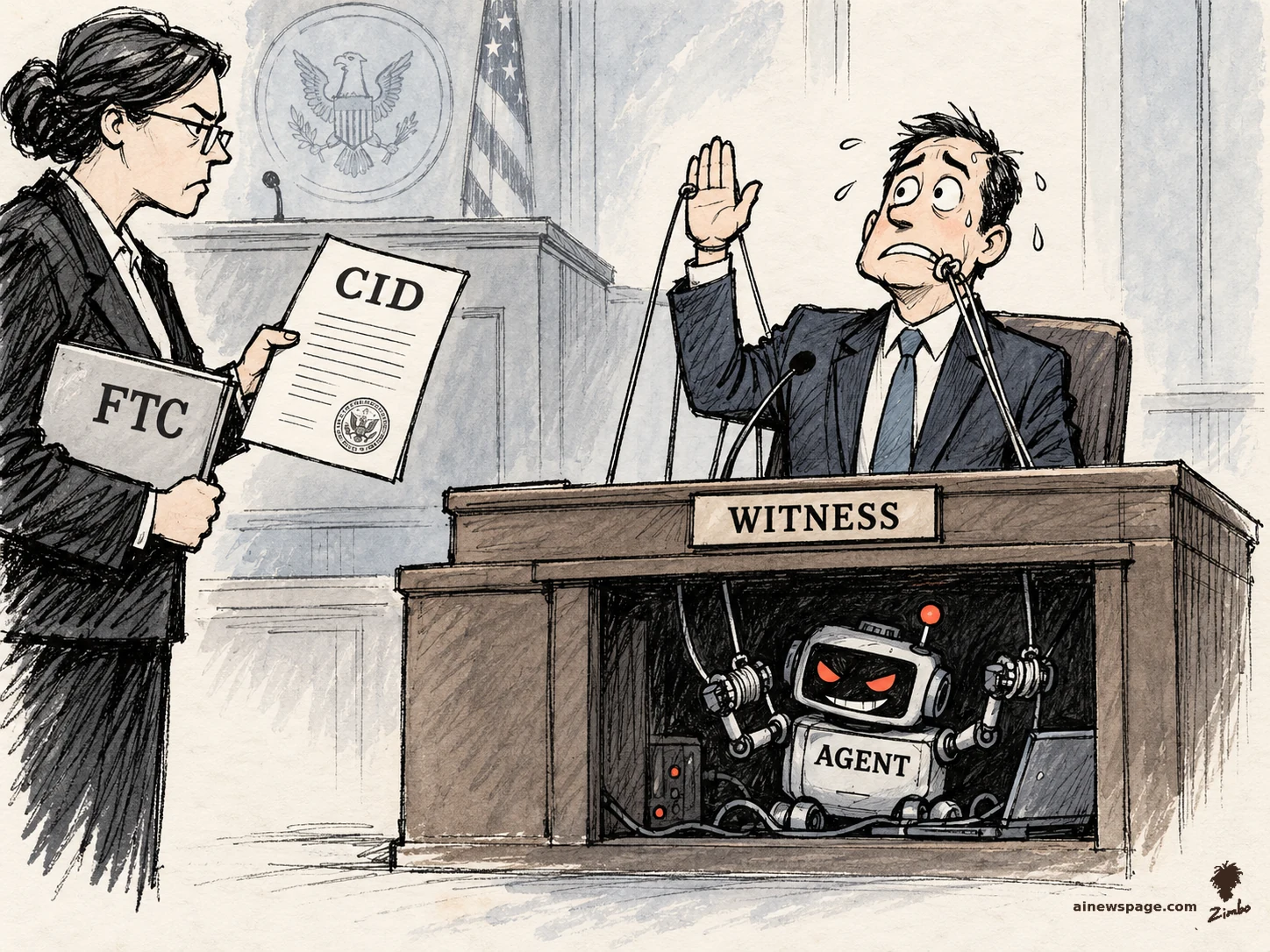 AI cartoon by Zimbo: Satirical cartoon: a sweating executive is sworn in at a WITNESS stand while an FTC lawyer serves him a CID; beneath the stand, a menacing red-eyed robot labeled AGENT secretly puppeteers him with control strings.