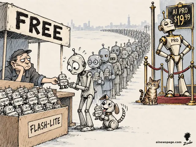 Satirical cartoon: a bored attendant at a FREE booth hands a tiny FLASH-LITE toy robot to a fretting robot in a queue of robots stretching to the horizon, while a smug PRO robot lounges behind a velvet rope under an AI PRO $19.99 sign. A tabby cat sits by the rope post.