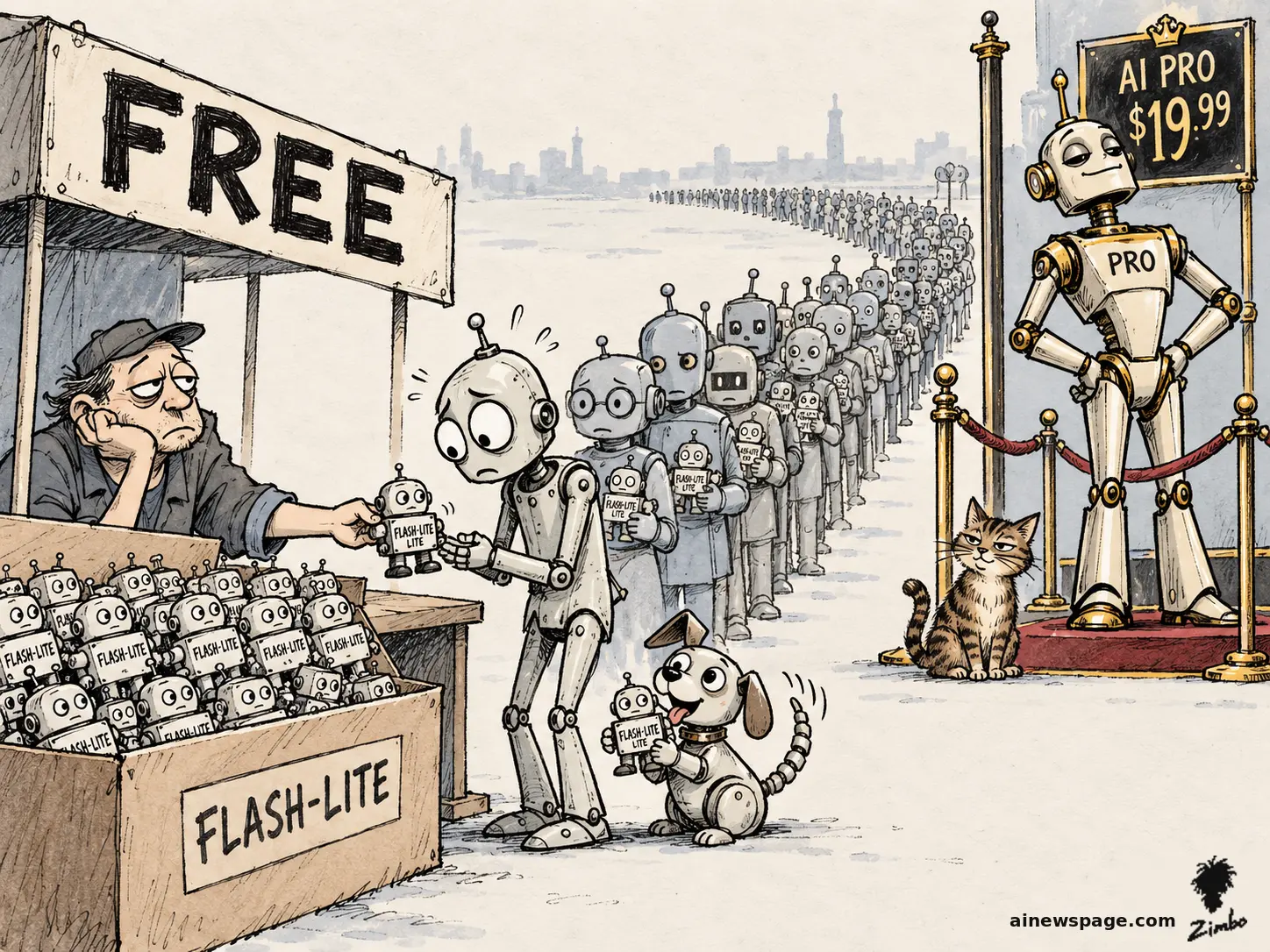 AI cartoon by Zimbo: Satirical cartoon: a bored attendant at a FREE booth hands a tiny FLASH-LITE toy robot to a fretting robot in a queue of robots stretching to the horizon, while a smug PRO robot lounges behind a velvet rope under an AI PRO $19.99 sign. A tabby cat sits by the rope post.