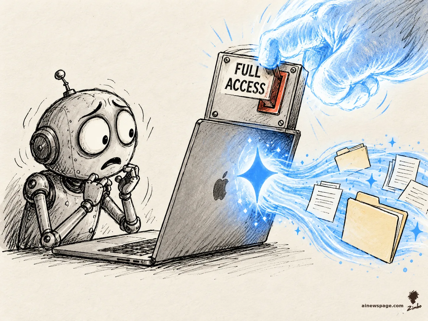 AI cartoon by Zimbo: Satirical cartoon: Merv the anxious robot frets at his MacBook as a giant glowing blue hand flips a giant switch labeled FULL ACCESS, while Gemini's blue spark pours out of the screen and sweeps files and folders away.